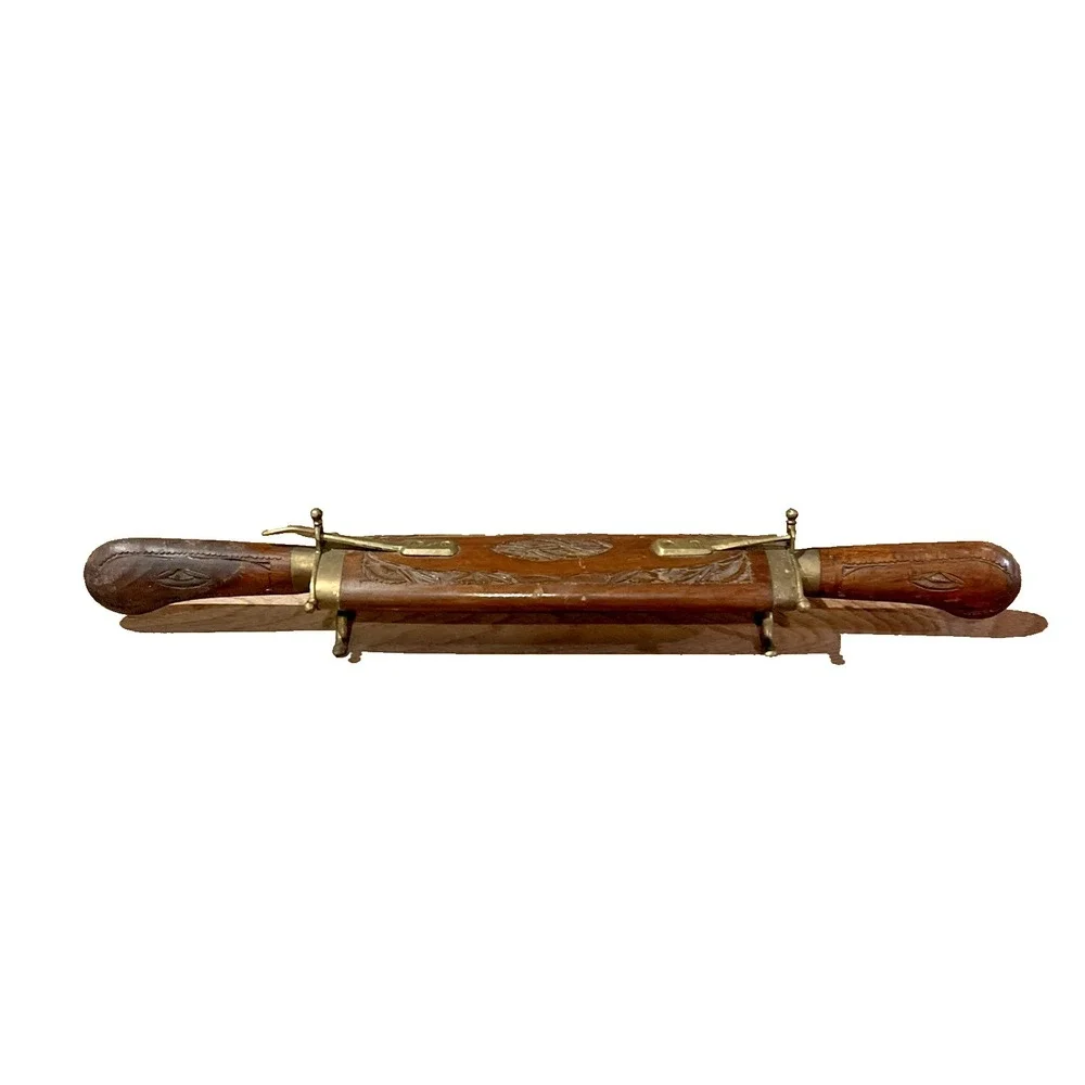 Vintage Hand Carved Wood & Brass Meat Carving Set Made in India